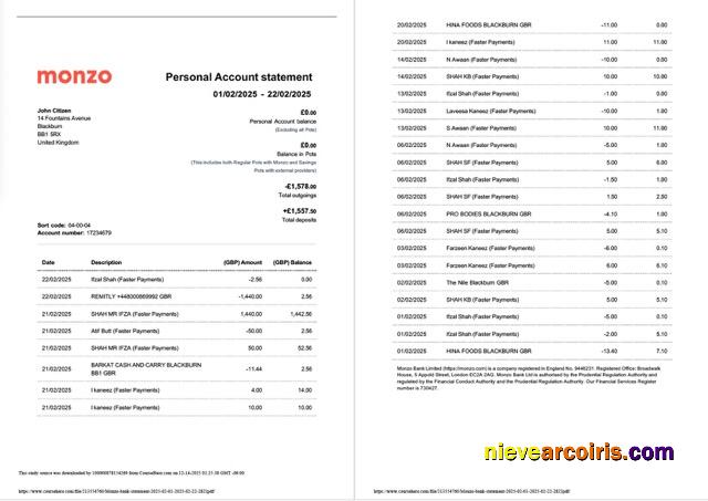 UK Monzo Bank account statement Word and PDF, 2 pages